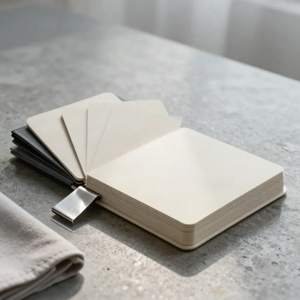 Ivory FX market pack slipcase with fanned cards, slate cloth and steel clip on stone.