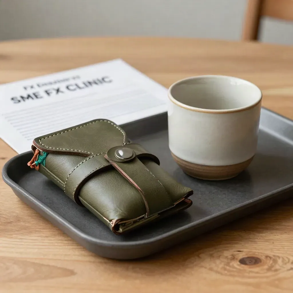 Small FX clinic kit with leather loop, ceramic cup and dark tray on warm oak.
