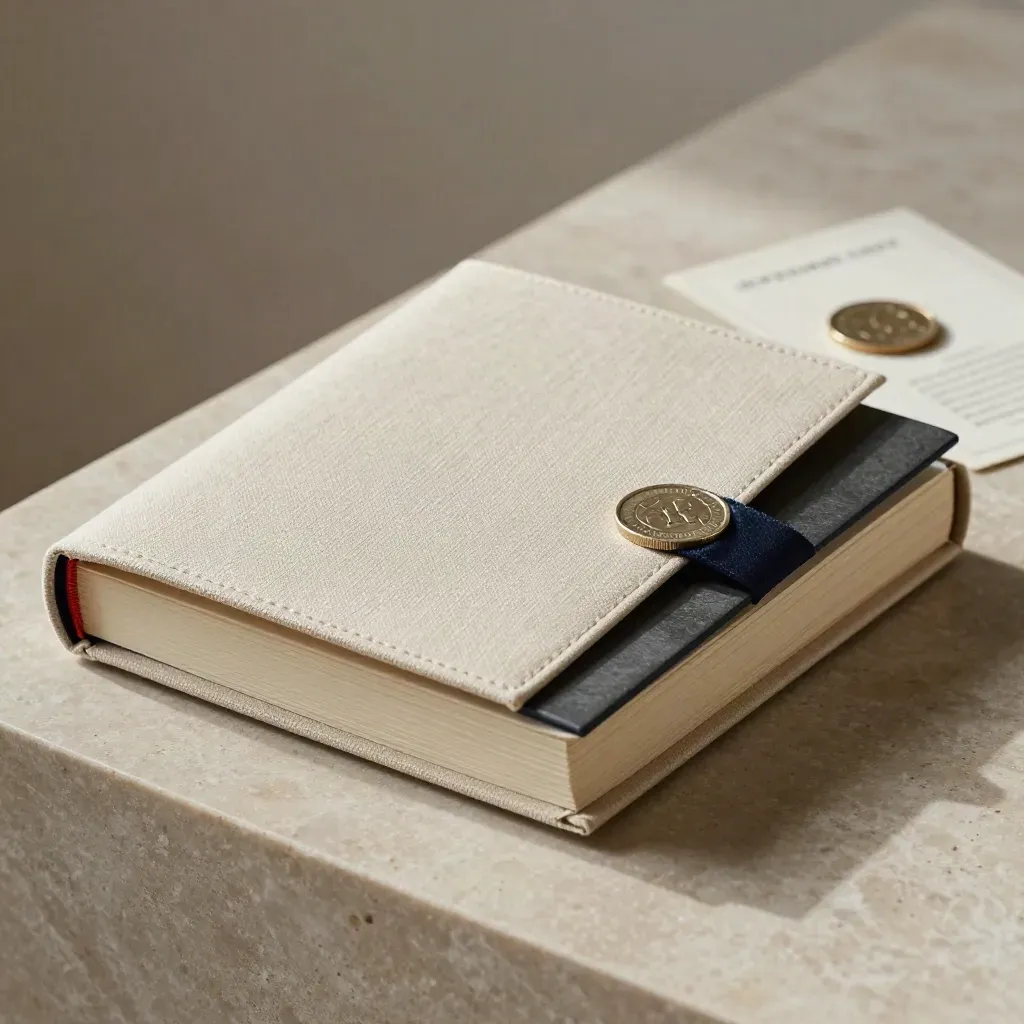 Cream folio with linen wrap, slate insert, and paper stop on a limestone plinth.