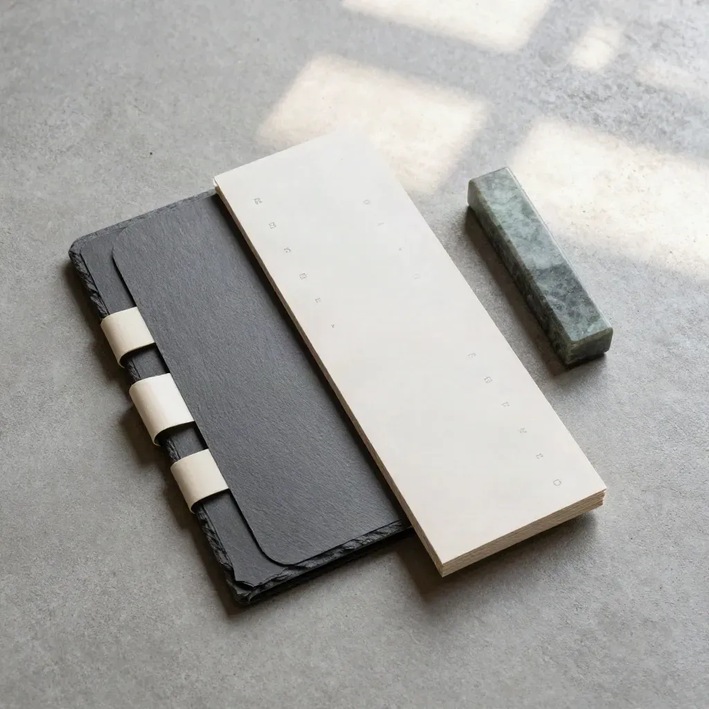 Overhead cash-flow forecast bundle with tabs, cloth edge and stone weight on concrete.