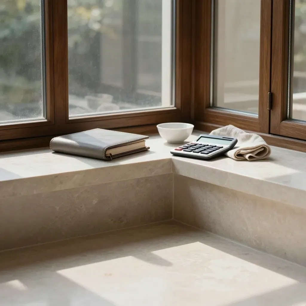 Shadowed limestone conservatory with marble sill, leather portfolio and soft morning light.